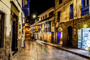 Night view of the streets of beautiful Cusco
